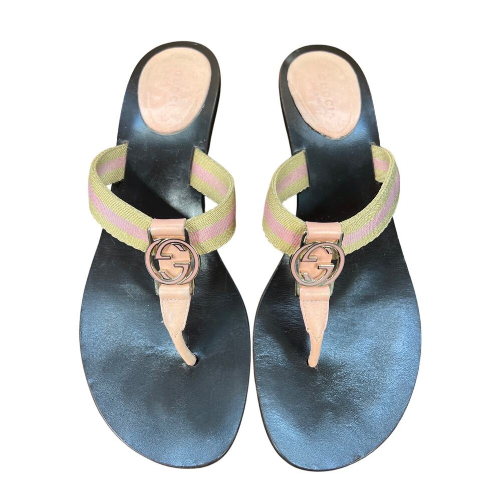 Vintage Gucci Interlocking Pink Canvas Thong Wooden Sandals Size 9.5 - Picture 12 of 12
